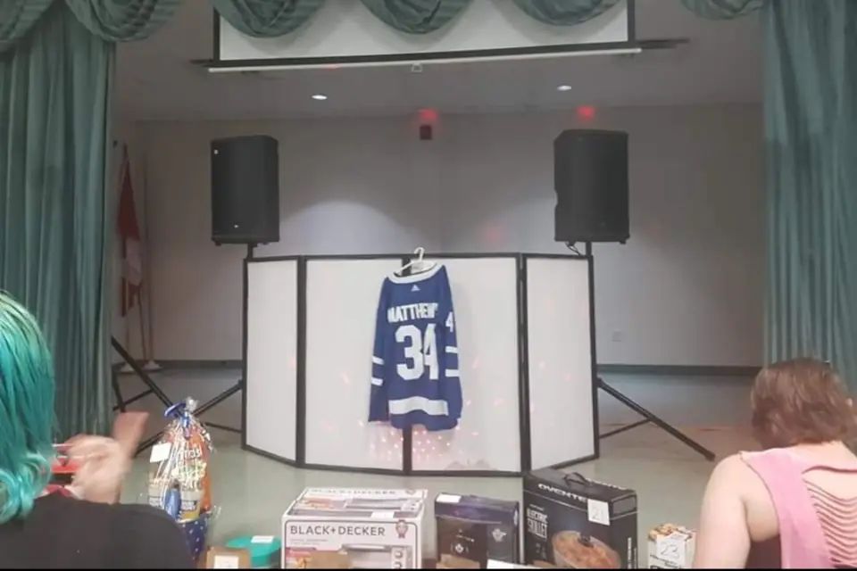 DJ setup and prize table at a stag and doe night